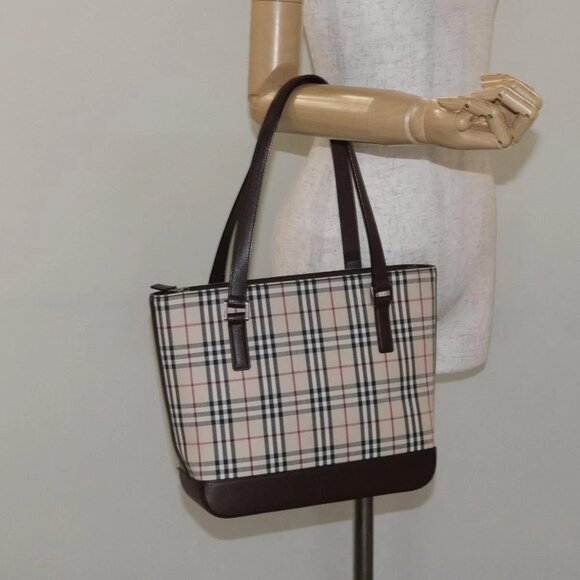 BURBERRY Nova Check Shoulder Bag Canvas Leather Beige Silver Auth - Picture 14 of 16